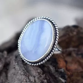 Blue Lace Agate Silver Oval Ring