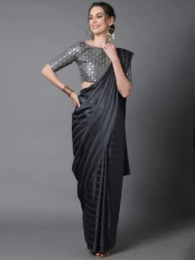 Odette Women Grey Casual Georgette And Satin Solid Saree With Unstitched Blouse