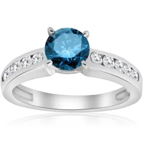 1 1/2 ct Blue Diamond Engagement Ring 14K White Gold Channel Set