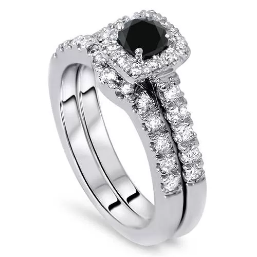 1 1/4ct Cushion Halo Black Diamond Engagement Ring Set 14K White Gold