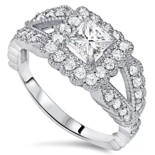 1 1/5ct Princess Cut Halo Diamond Engagement Ring 14K White Gold