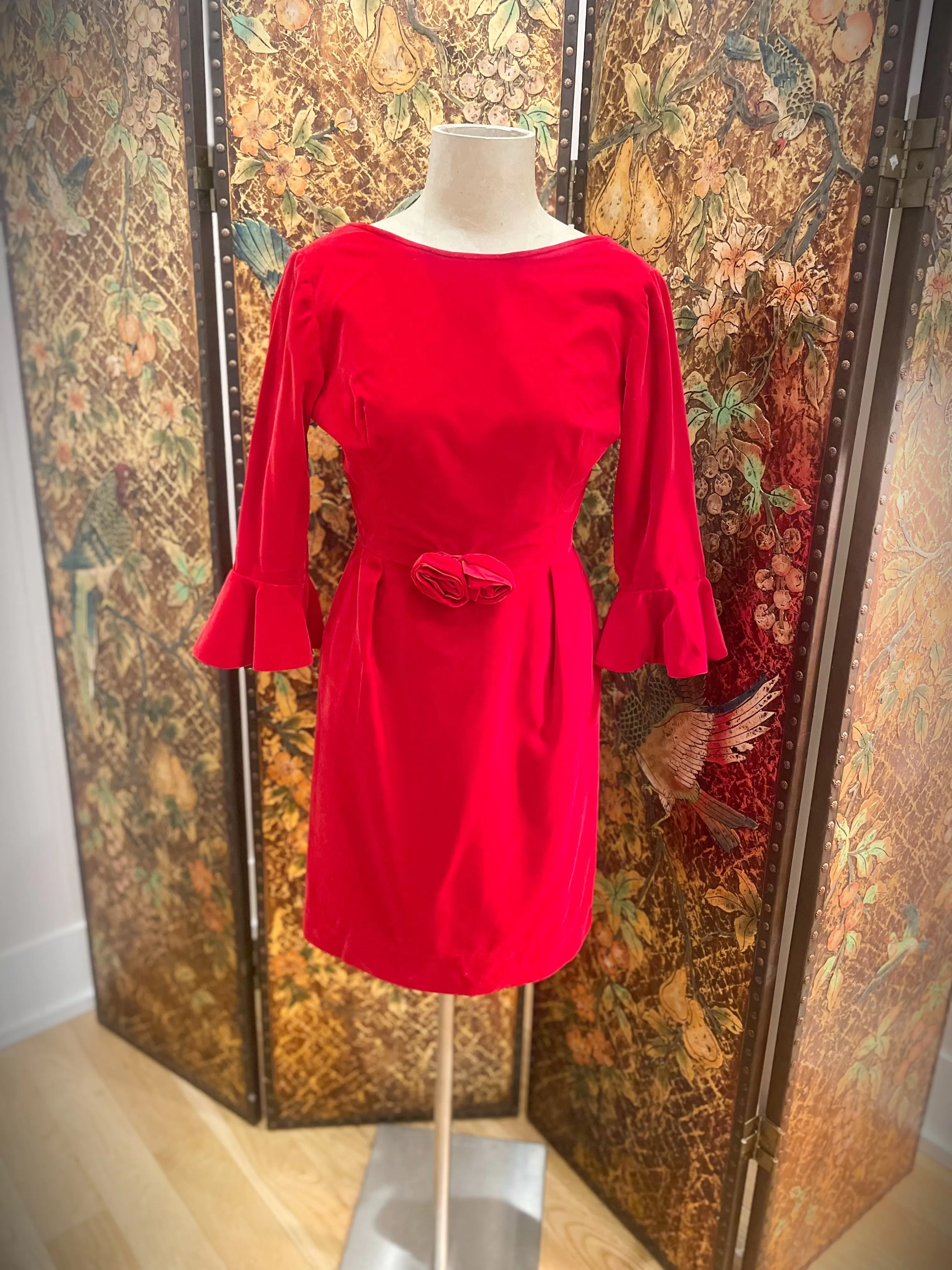 1960s Red Velvet Belled Sleeved Dress