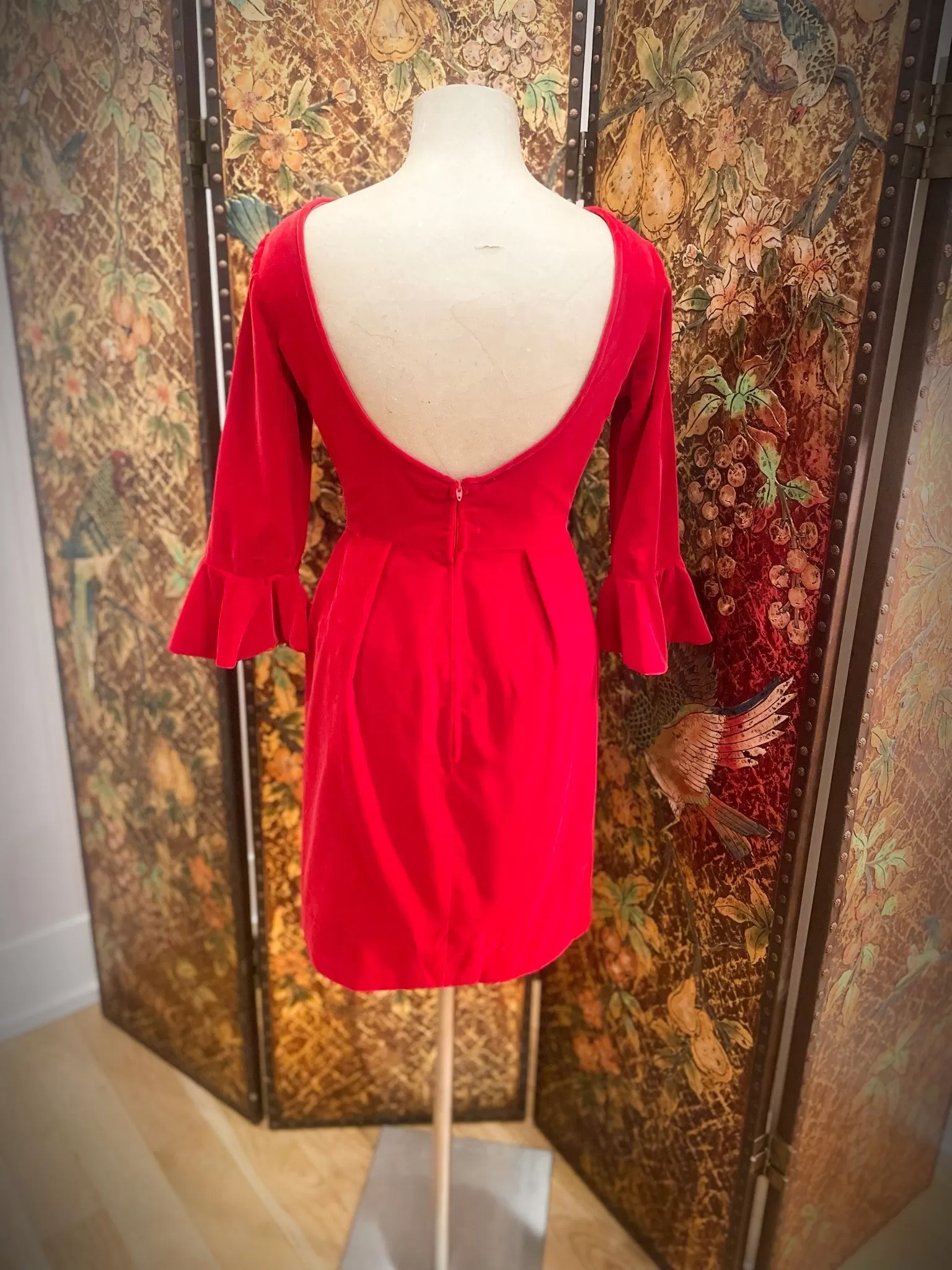 1960s Red Velvet Belled Sleeved Dress