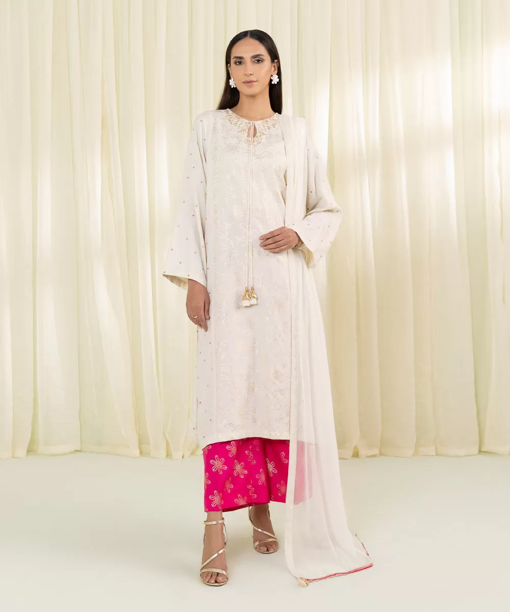 3 Piece - Embroidered Raw Silk Suit