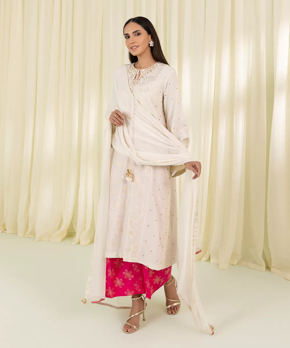 3 Piece - Embroidered Raw Silk Suit