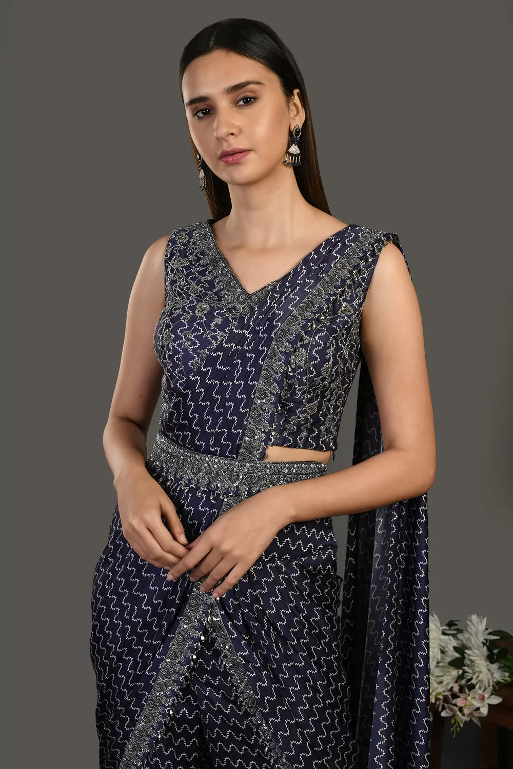 50Z399-RO Navy Blue Belted Sharara Suit with Draped Dupatta