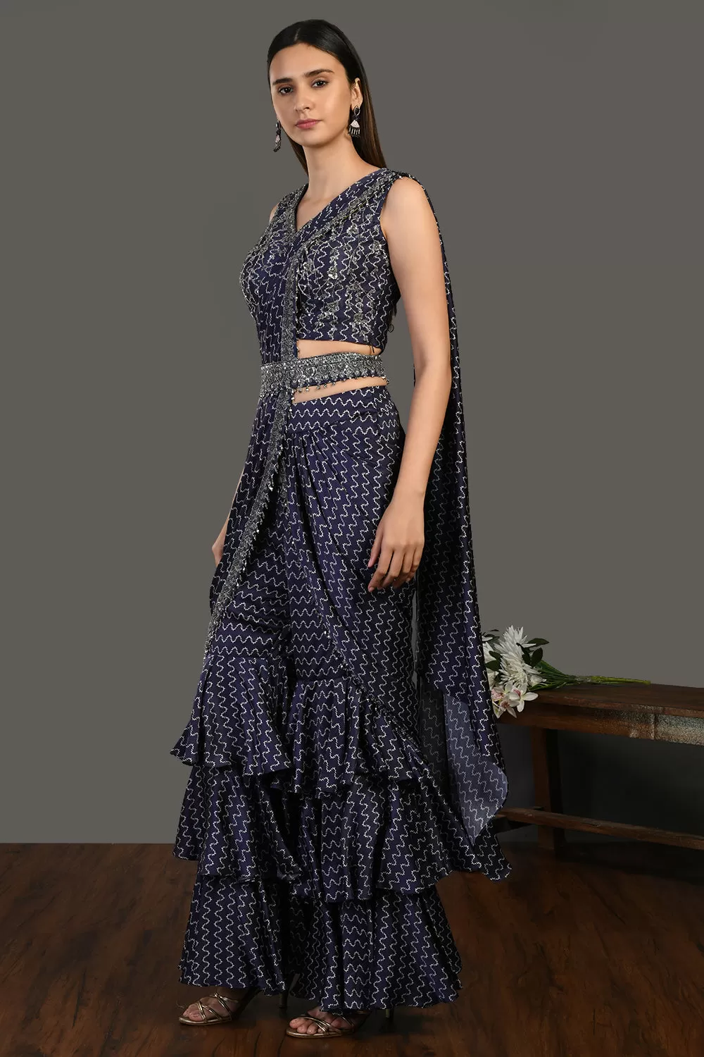 50Z399-RO Navy Blue Belted Sharara Suit with Draped Dupatta