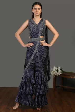 50Z399-RO Navy Blue Belted Sharara Suit with Draped Dupatta