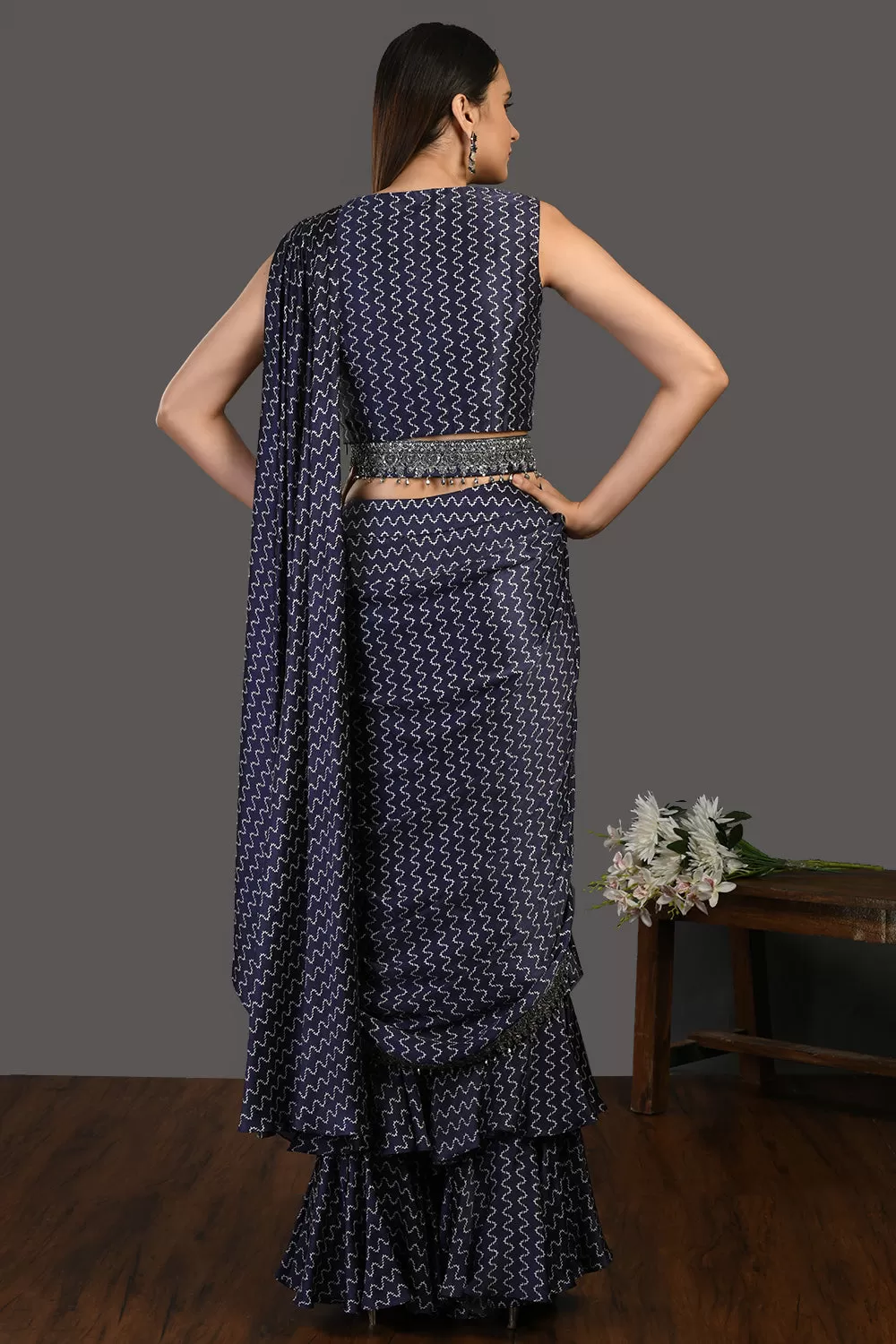 50Z399-RO Navy Blue Belted Sharara Suit with Draped Dupatta