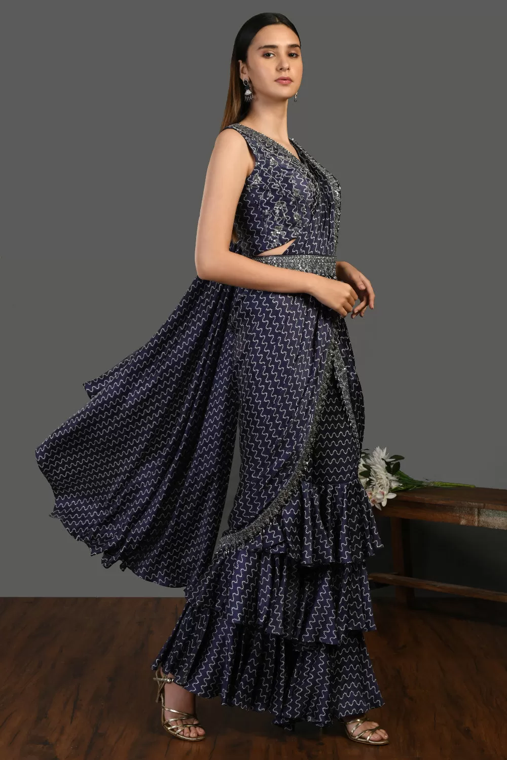 50Z399-RO Navy Blue Belted Sharara Suit with Draped Dupatta