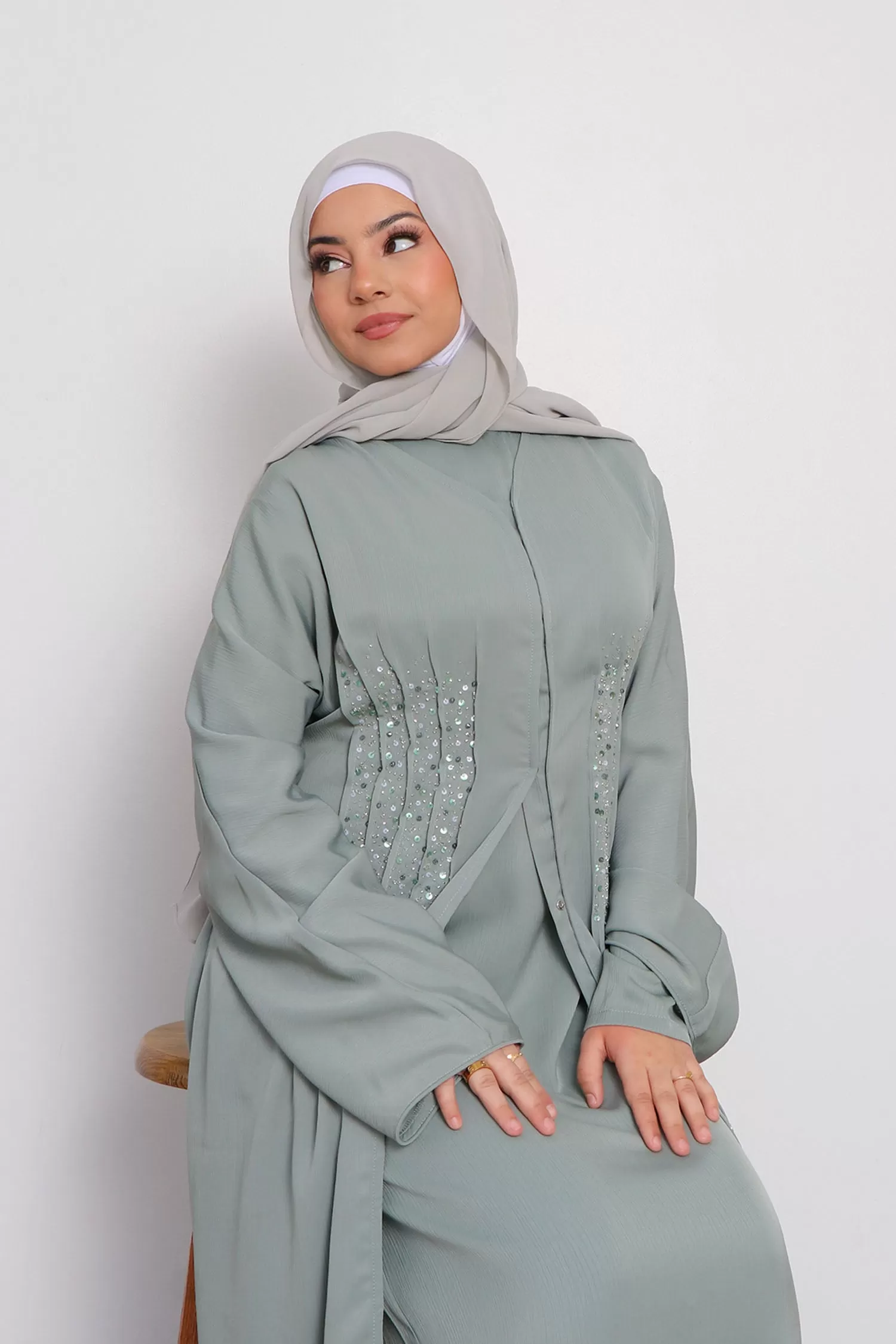 Aaira Textured Beaded Open Abaya- Mint