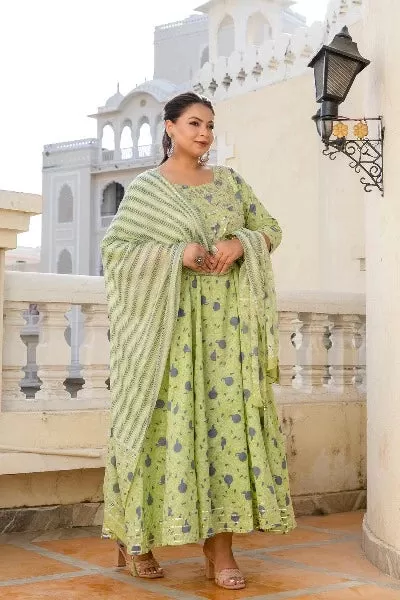 Anarkali Plus Size Pistachio Green Kurti Dupatta Set of 2