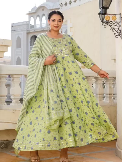 Anarkali Plus Size Pistachio Green Kurti Dupatta Set of 2