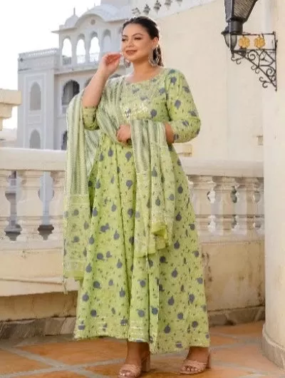 Anarkali Plus Size Pistachio Green Kurti Dupatta Set of 2