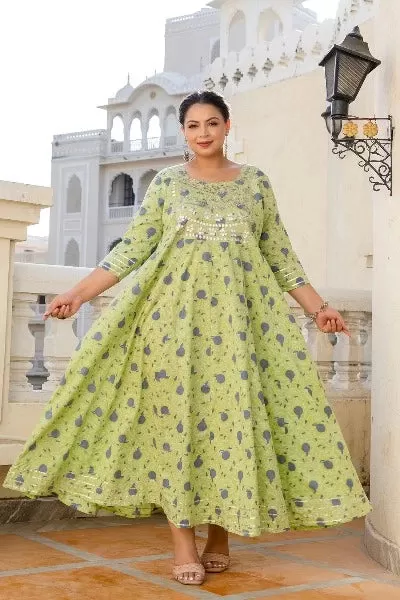 Anarkali Plus Size Pistachio Green Kurti Dupatta Set of 2