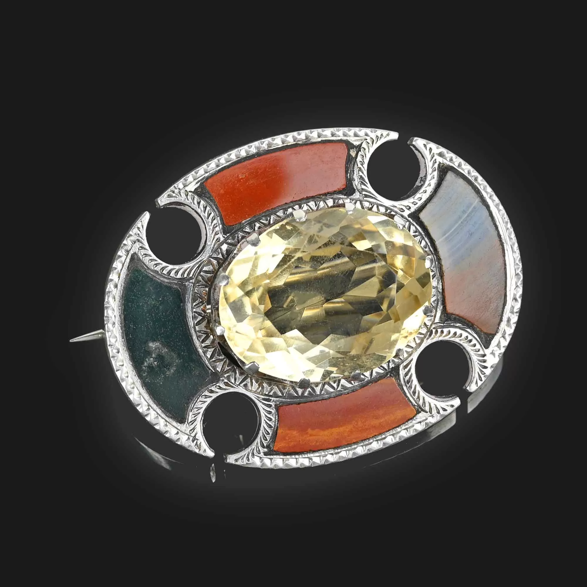 Antique Silver Citrine Agate Brooch, Bloodstone & Jasper