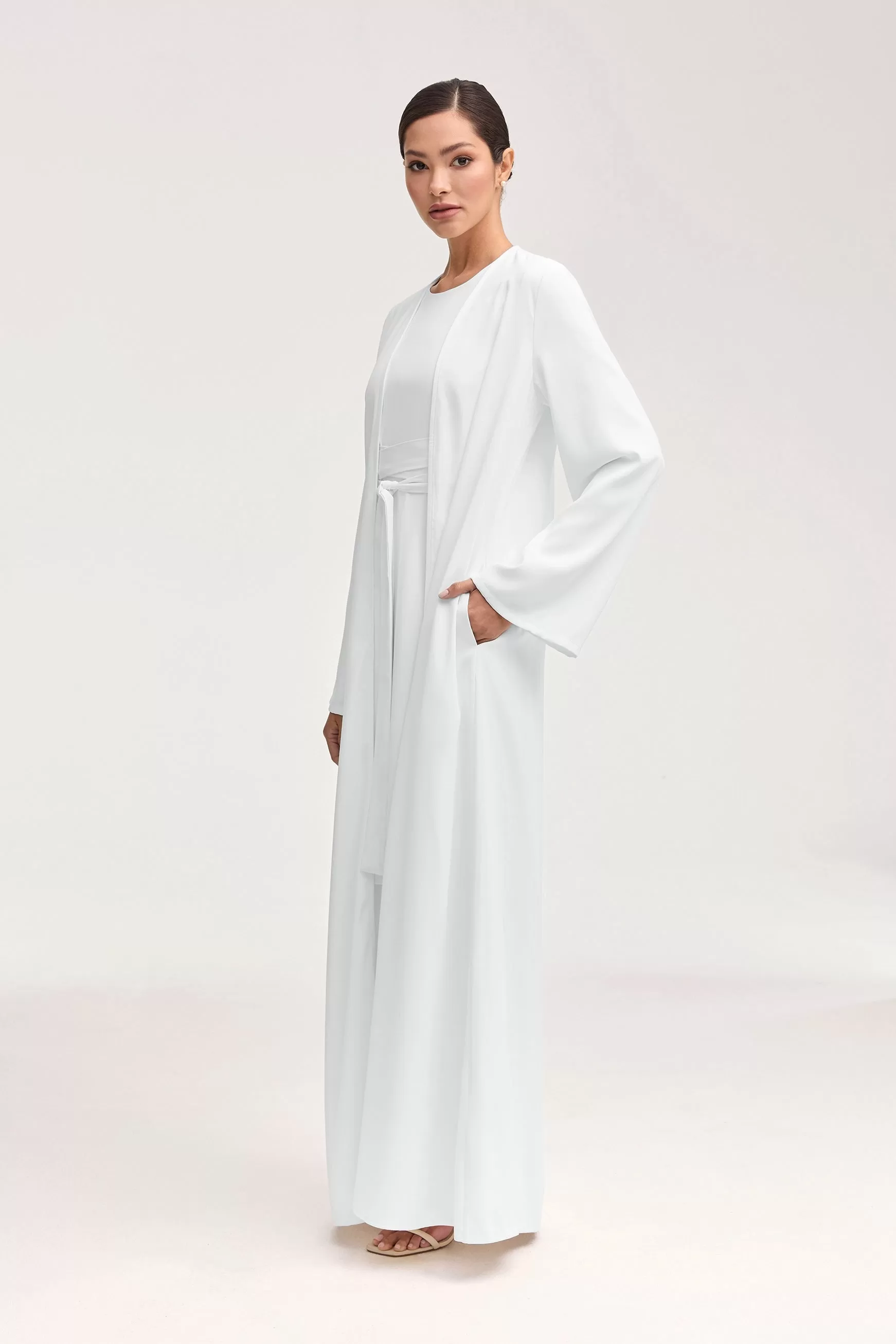 Asalah Wrap Waist Maxi Dress & Abaya Set - White