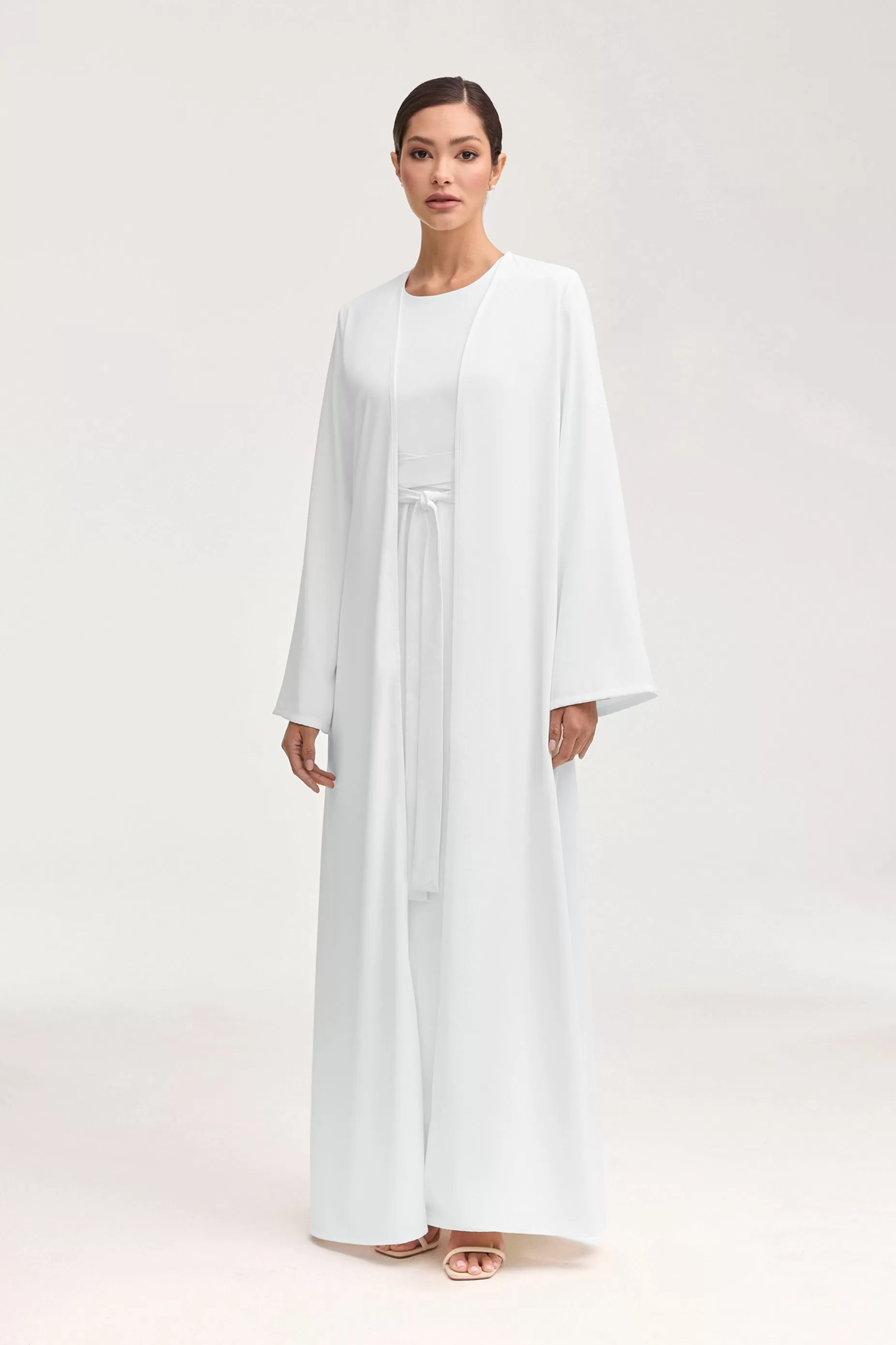 Asalah Wrap Waist Maxi Dress & Abaya Set - White