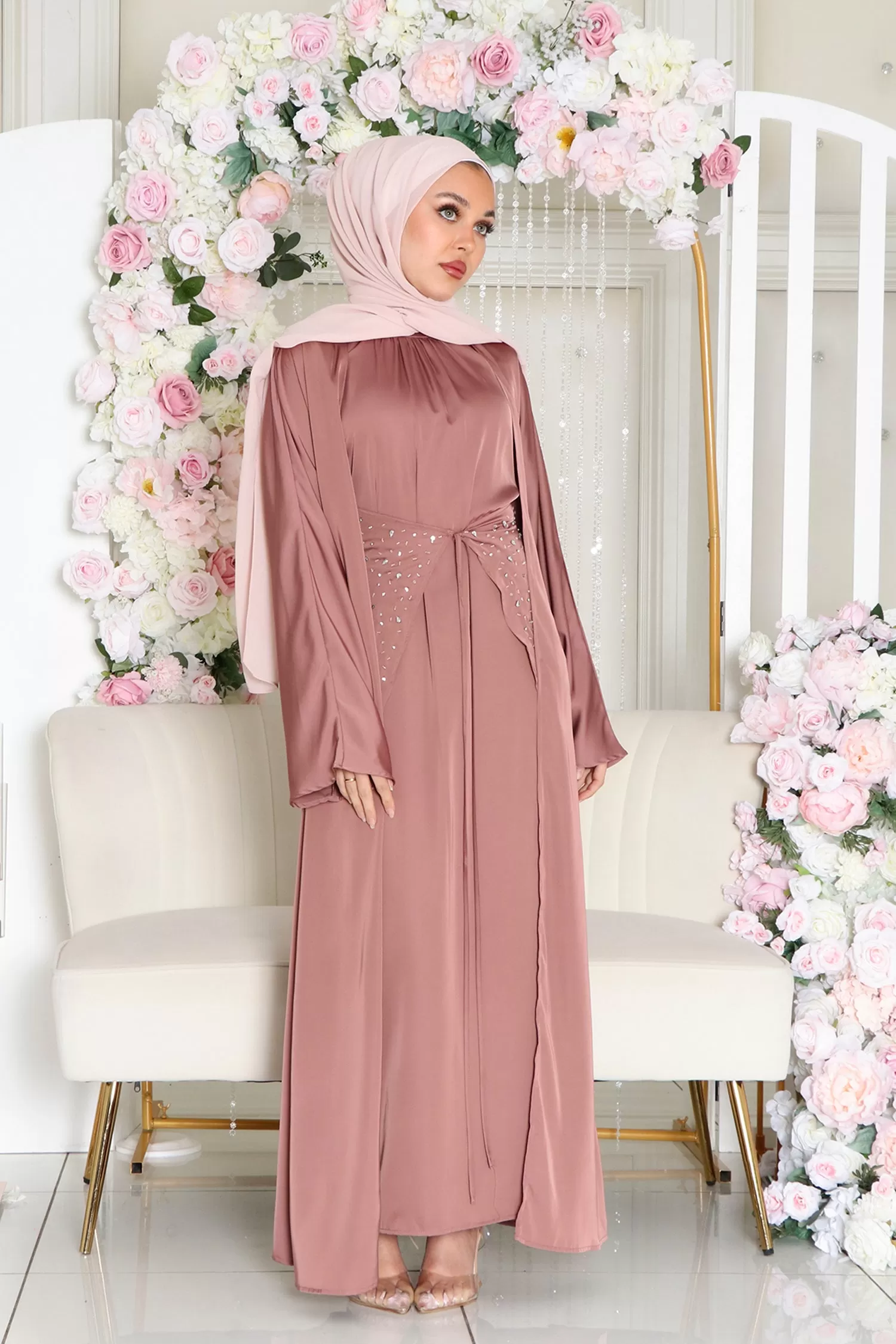 Aurora Beaded Tie Abaya Set- Nude Pink