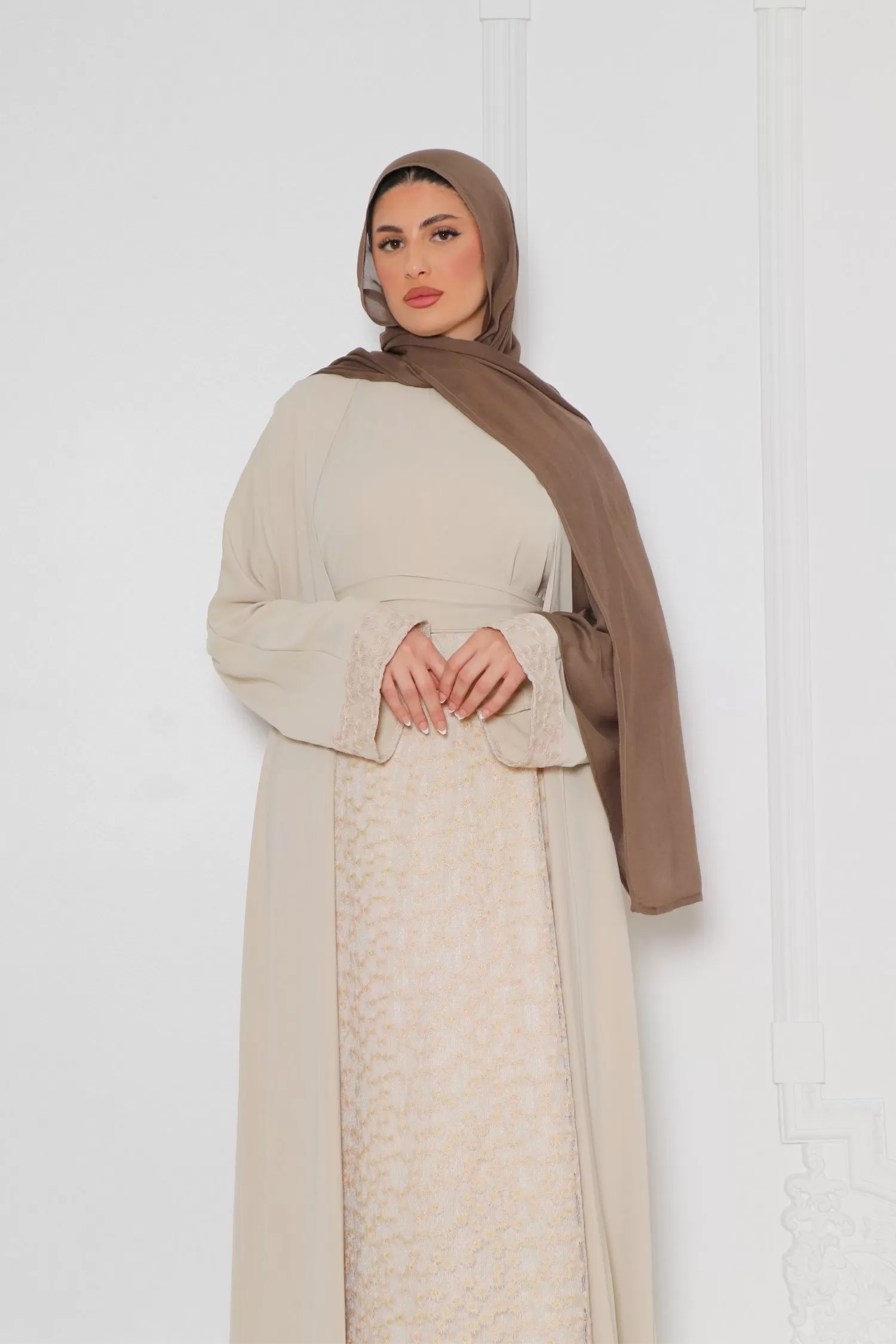 Azra Embroidery Abaya Set- Sand