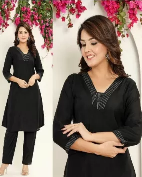 Black A-Line Rayon Kurti Pant Set Of 2