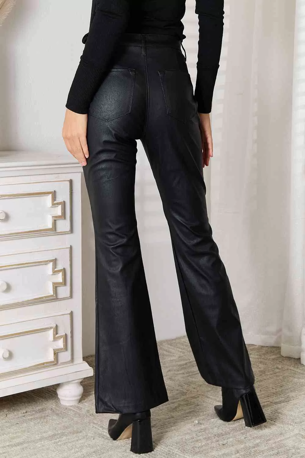 Black Faux Leather High Waist Slit Flare Leg Pants