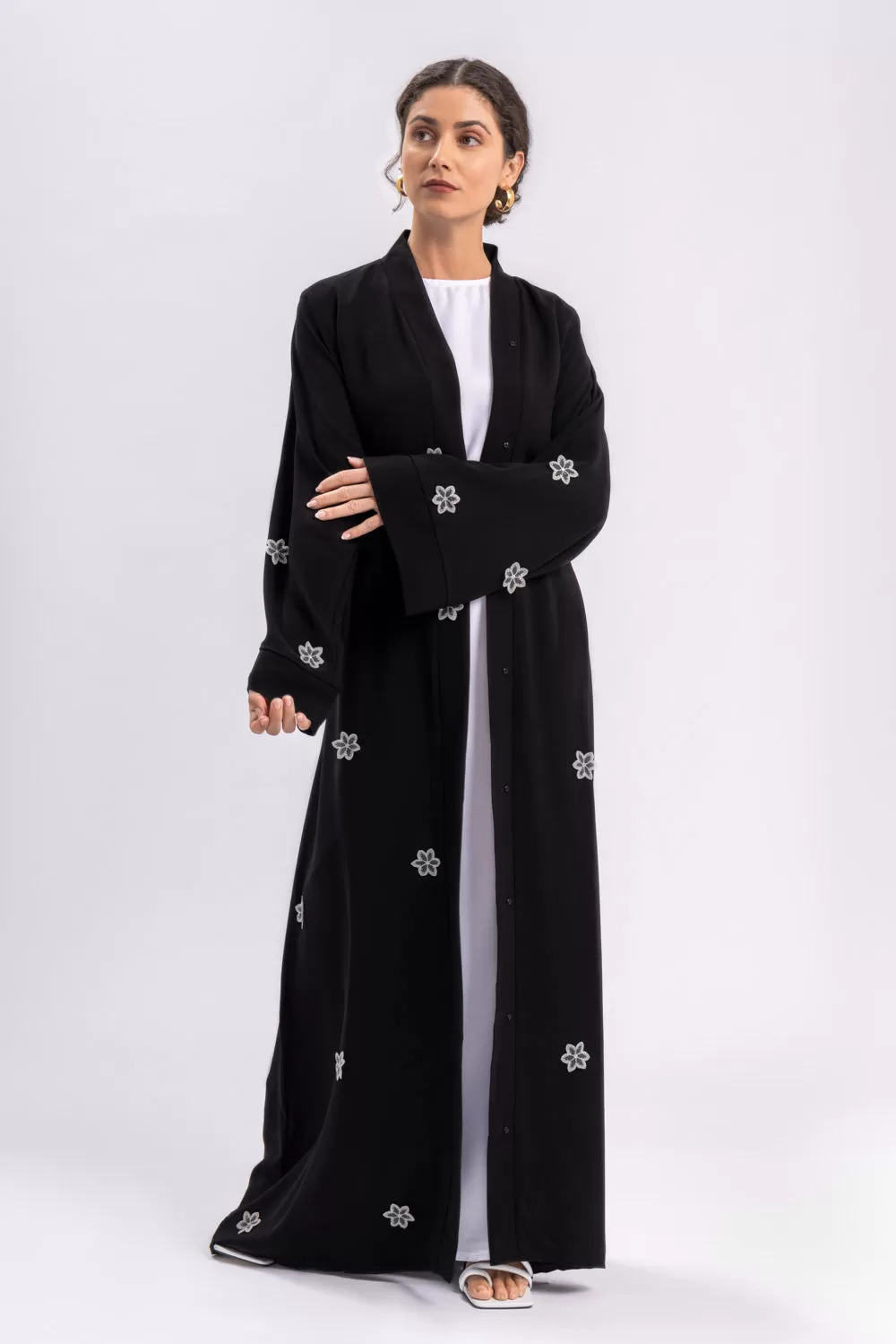 Black Floral Open Abaya