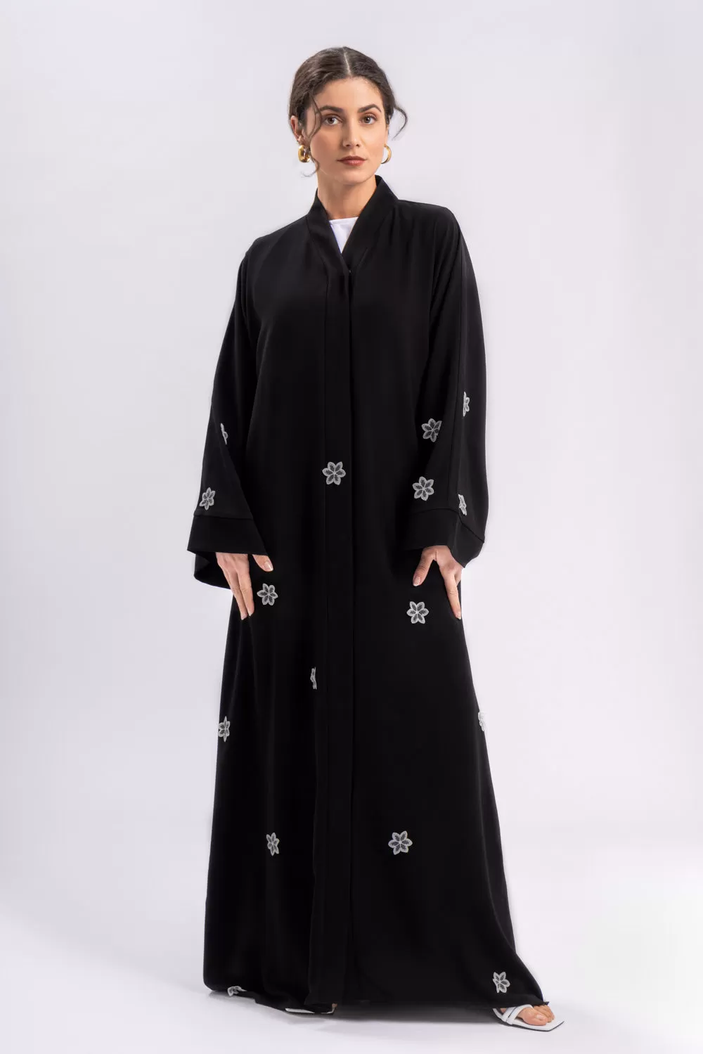 Black Floral Open Abaya