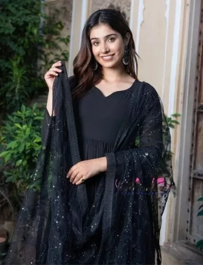 Black Georgette Anarkali Gown With Organza Dupatta Set 0f 2