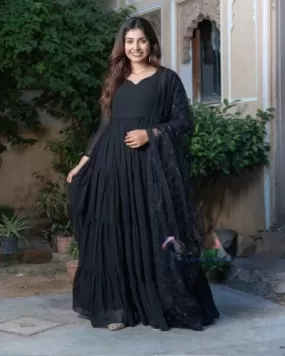 Black Georgette Anarkali Gown With Organza Dupatta Set 0f 2