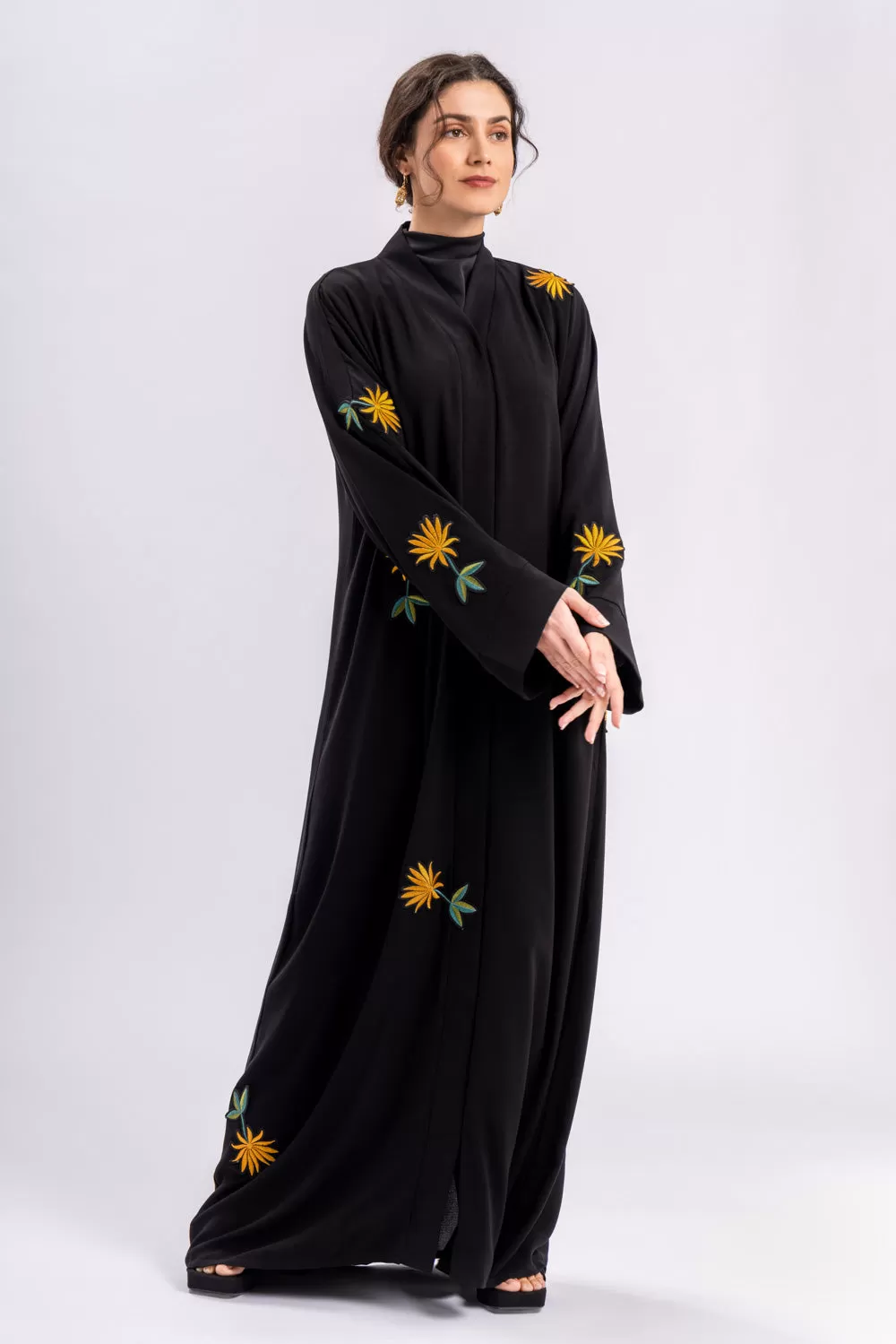 Black Gold Floral Open Abaya