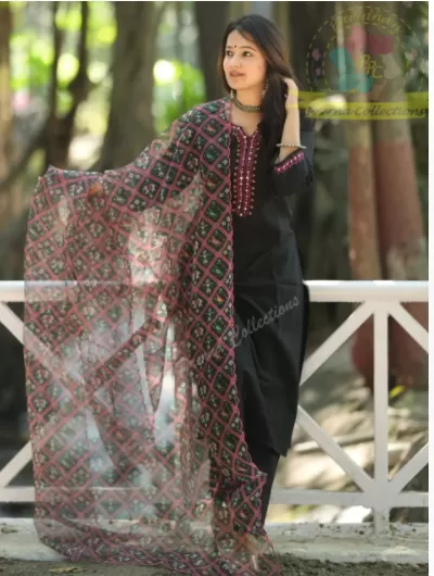 Black Mirrorwork Embroidery Salwar Suit Dupatta Set