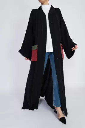 Black Open Abaya with Colourful Pockets