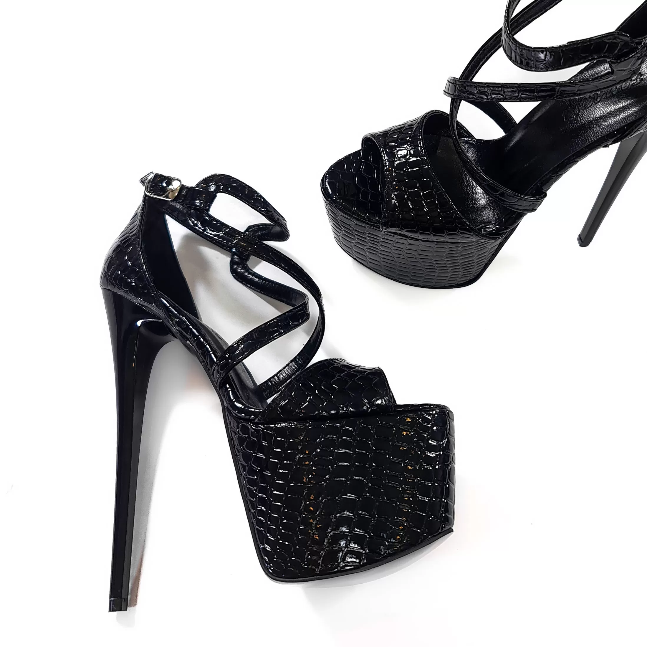 Black Shiny Croco Print High Heel Sandals