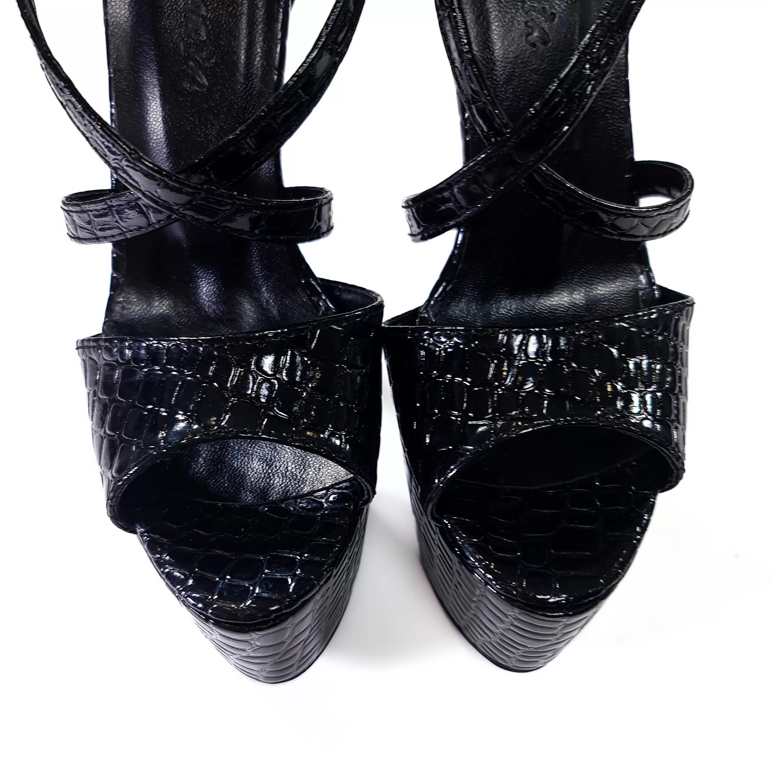 Black Shiny Croco Print High Heel Sandals