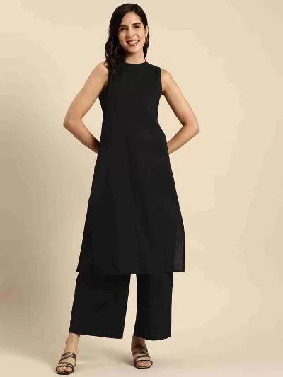 Black Solid Rayon Casual Wear Kurti Pant Set Of 2