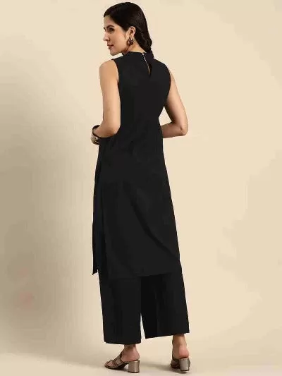 Black Solid Rayon Casual Wear Kurti Pant Set Of 2