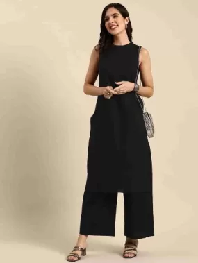 Black Solid Rayon Casual Wear Kurti Pant Set Of 2