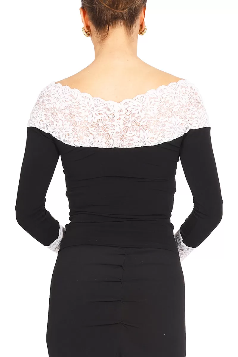 Black Top with White Lace Details