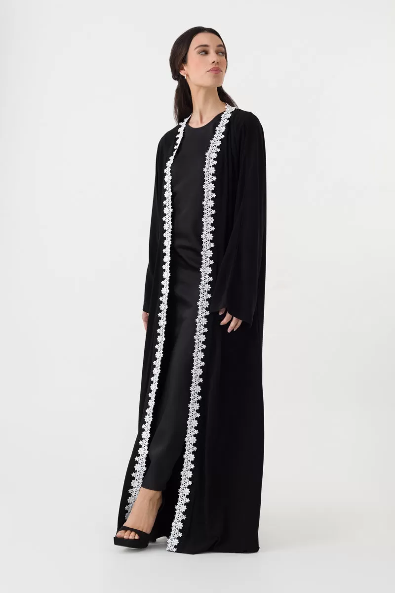 Black White Open Abaya With Belt