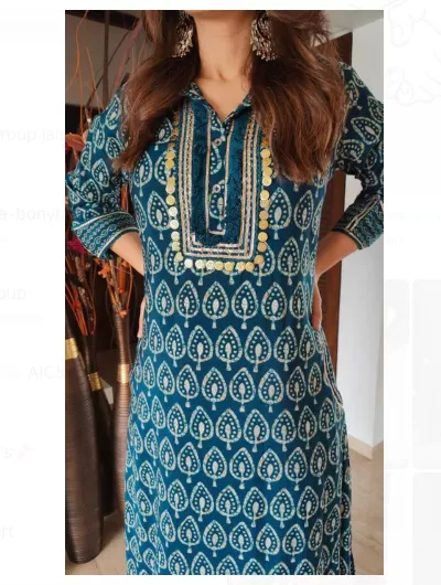 Blue Coin Embroidery Women Kurti Set