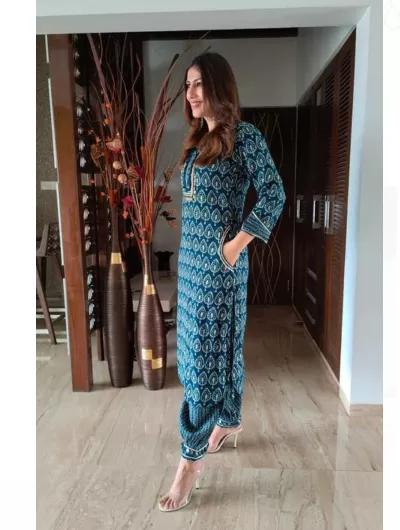 Blue Coin Embroidery Women Kurti Set