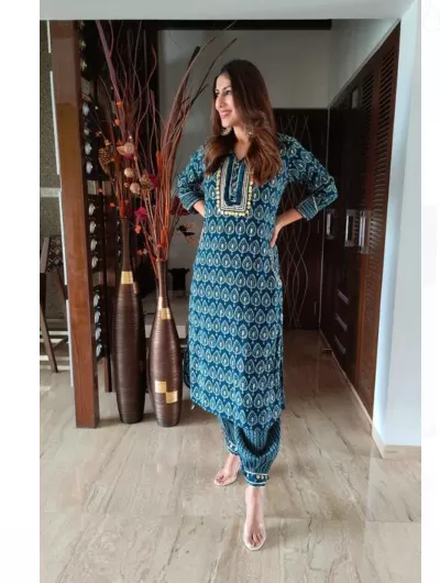 Blue Coin Embroidery Women Kurti Set