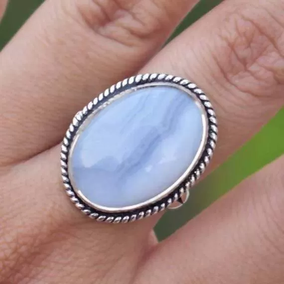 Blue Lace Agate Silver Oval Ring