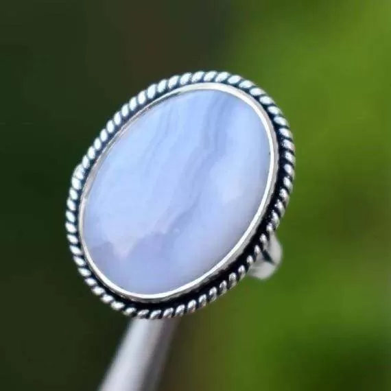 Blue Lace Agate Silver Oval Ring