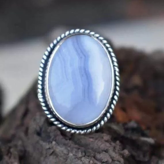 Blue Lace Agate Silver Oval Ring