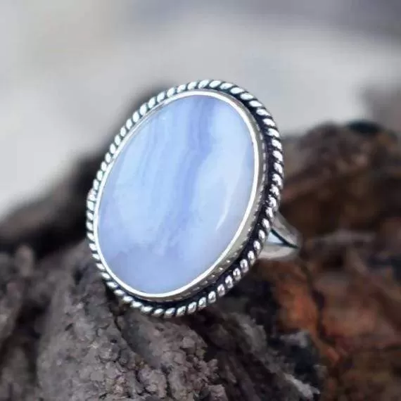 Blue Lace Agate Silver Oval Ring