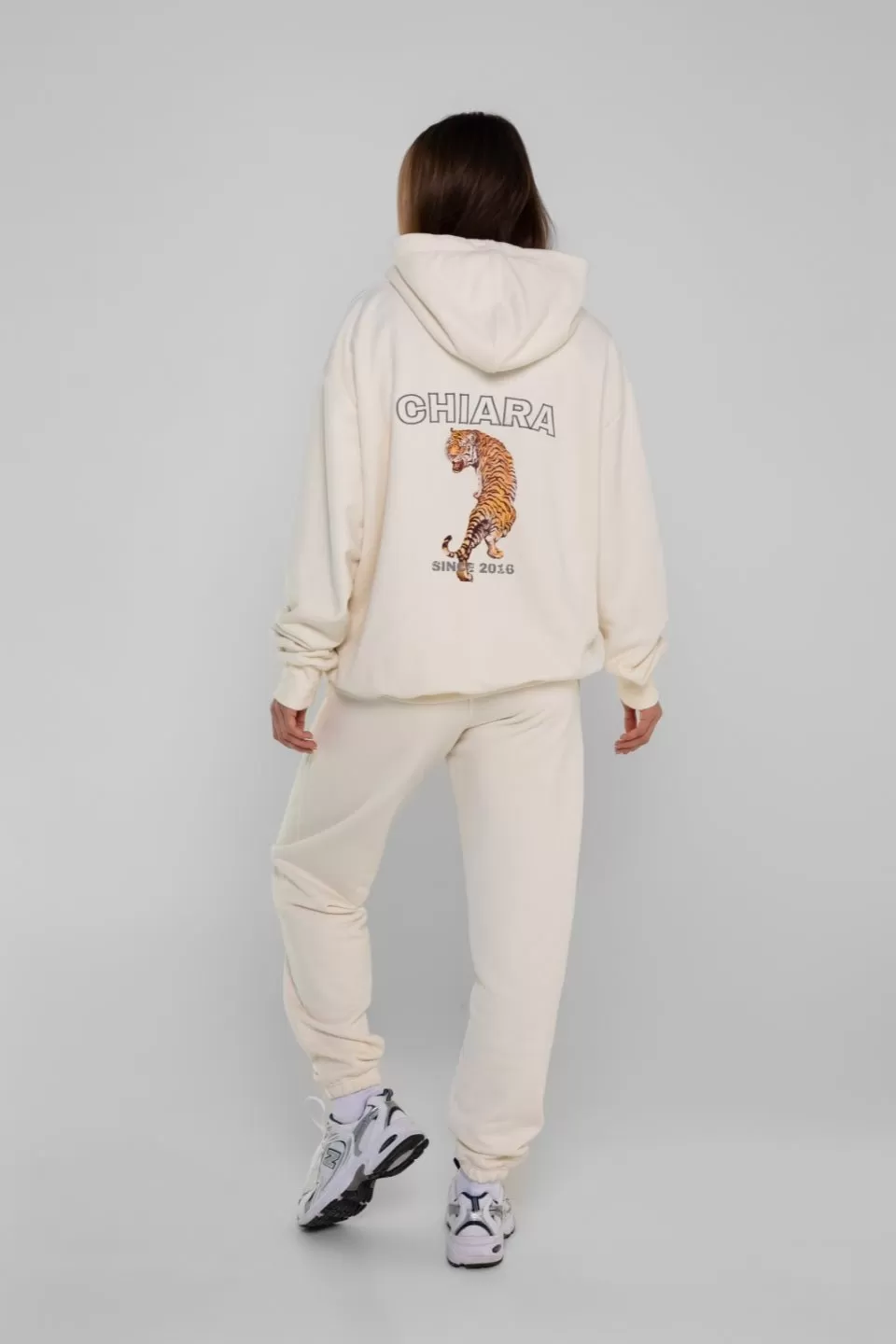 Bluza oversize damska HOODIE nadruk RETRO TIGER - ecru