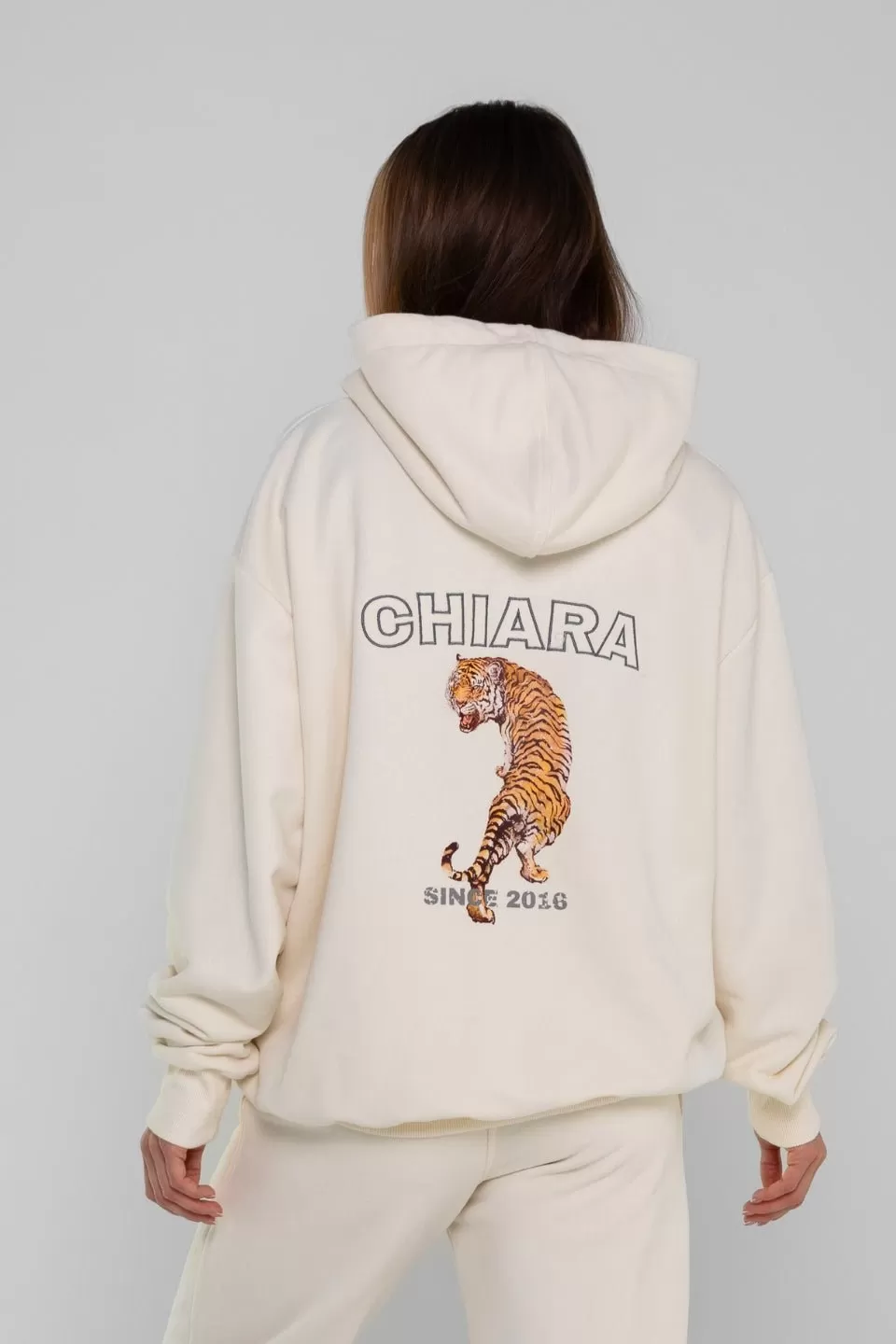 Bluza oversize damska HOODIE nadruk RETRO TIGER - ecru