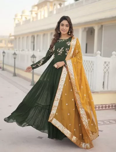 Bottle Green Georgette Embroidered Anarkali Gown With Dupatta Set 0f 2